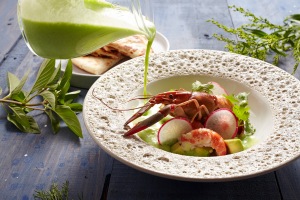 OFC_Chilled Avocado and Ginger Soup with Poached Yabbies